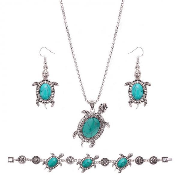 Cute Jewelry Set Tortoise Necklace Earrings Bracelet Kit-Blue
