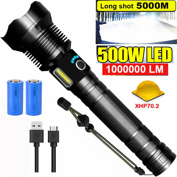 New 500W Powerful Zoom XHP70  LED Torch 4 CORE 100000 Lumens High Power Torch Rechargeable High Endurance Torch with 2PCS 26650 Rechargeable Battery