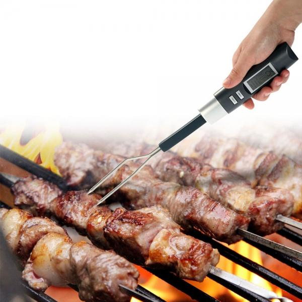 Digital LCD BBQ Meat Cooking Thermometer Fork Electronic Barbecue Temperature Tester with Celsius / Fahrenheit Selection Silver Gray