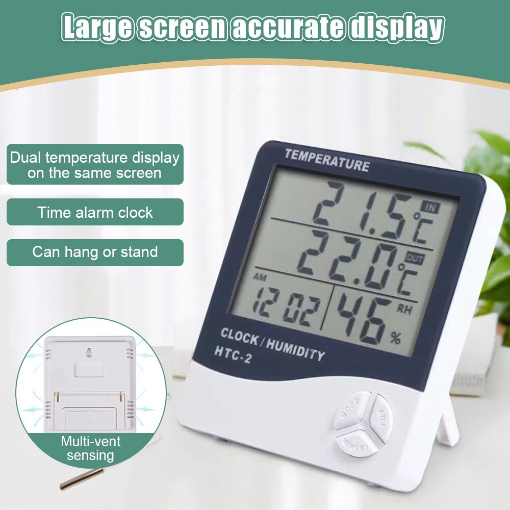 LCD Electronic Digital Temperature Humidity Meter Indoor Outdoor Thermometer Hygrometer Weather Station Clock HTC-1 HTC-2