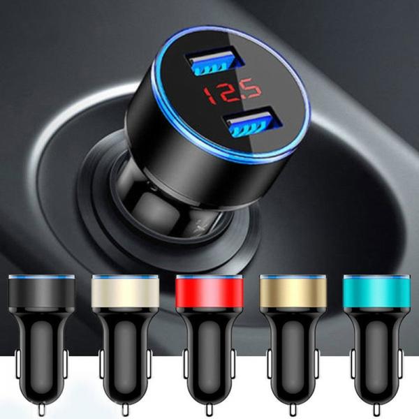 Aluminum Alloy Double USB Ports 5V 3.1A Car Charger Adapter Digital Display Voltmeter Ammeter Tester Charge for Mobile Phones/MP3/MP4/Camera/IPOD etc - Golden/Silver/Black/Blue/Red