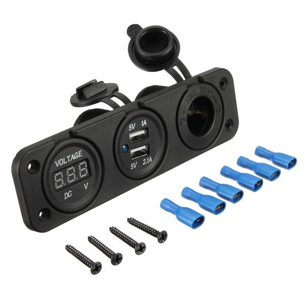 Dual USB Ports Adapter Charger Digital Voltmeter Cigarette Lighter Socket Black