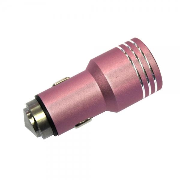 Dual-port USB 2.1A 12-24V Aluminum Alloy Safety Hammer Car Charger Pink