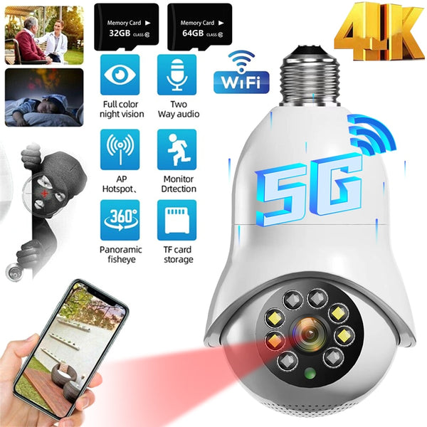 4K 1080P Home Security Full Color Night Vision Lights Bulb Smart Camera Wireless 2.4G/5G WIFI E27 Monitor Automatic Human Tracking Cam