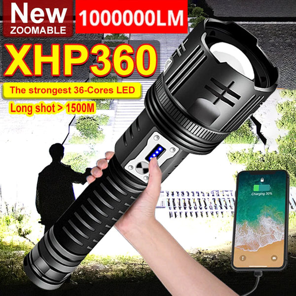 Million Lumens Super XHP360 36-Core Most Powerful Zoom LED Flashlight with 10000mAh 2pcs 26650 Batteries XHP360 High Power Torch Light Rechargeable Tactical Flashlights