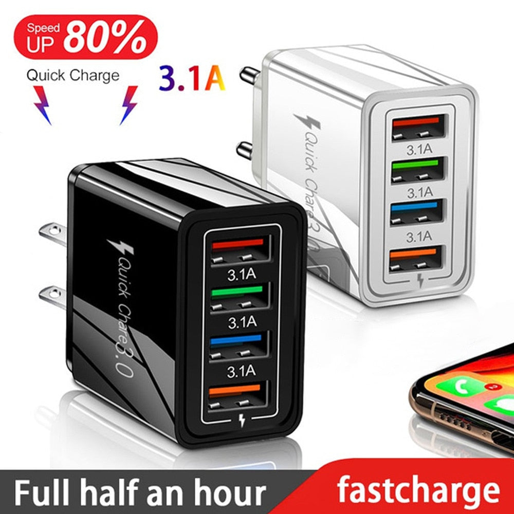 4USB Mobile Phone Charger 3A Color Charging Head LED Light US/EU PLUG
