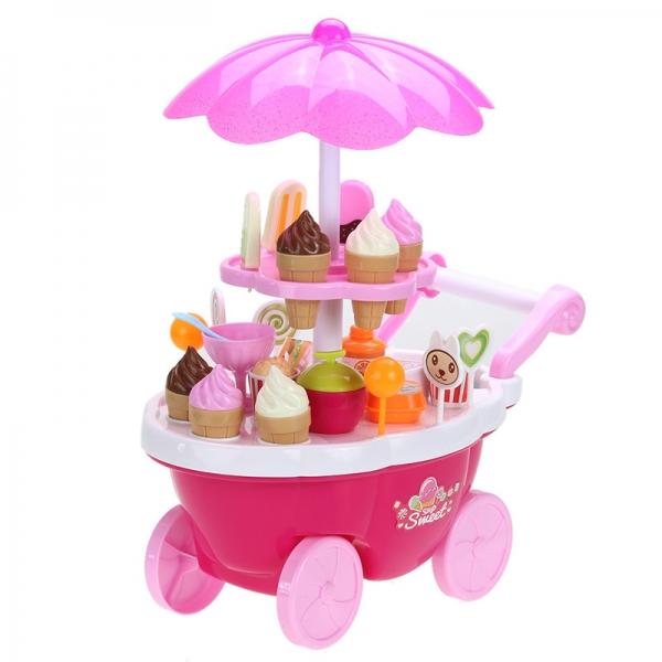 Electric Candy Ice Cream Cart Trolley Flashing Light Kid Musical Toy 39-Piece Set Pink