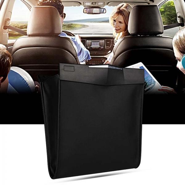 Foldable PU Leather Car Garbage Bag Leakproof Waterproof Magnetic Trash Waste Bin Black