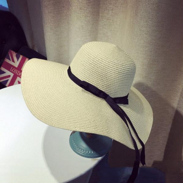 Foldable Wide Brim Floppy Straw Black Bowknot Ribbon Casual Hat - Beige