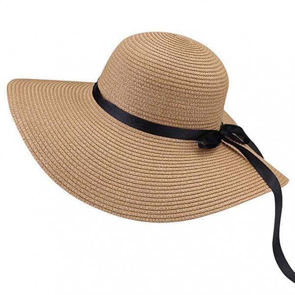 Foldable Wide Brim Floppy Straw Black Bowknot Ribbon Casual Hat - stringsmall