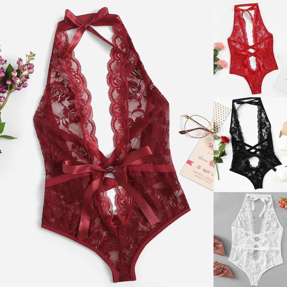 G-string Women Sexy Lingerie Low Back Cross Floral Lace Sleepwear Babydoll Cosplay Costume Lingerie