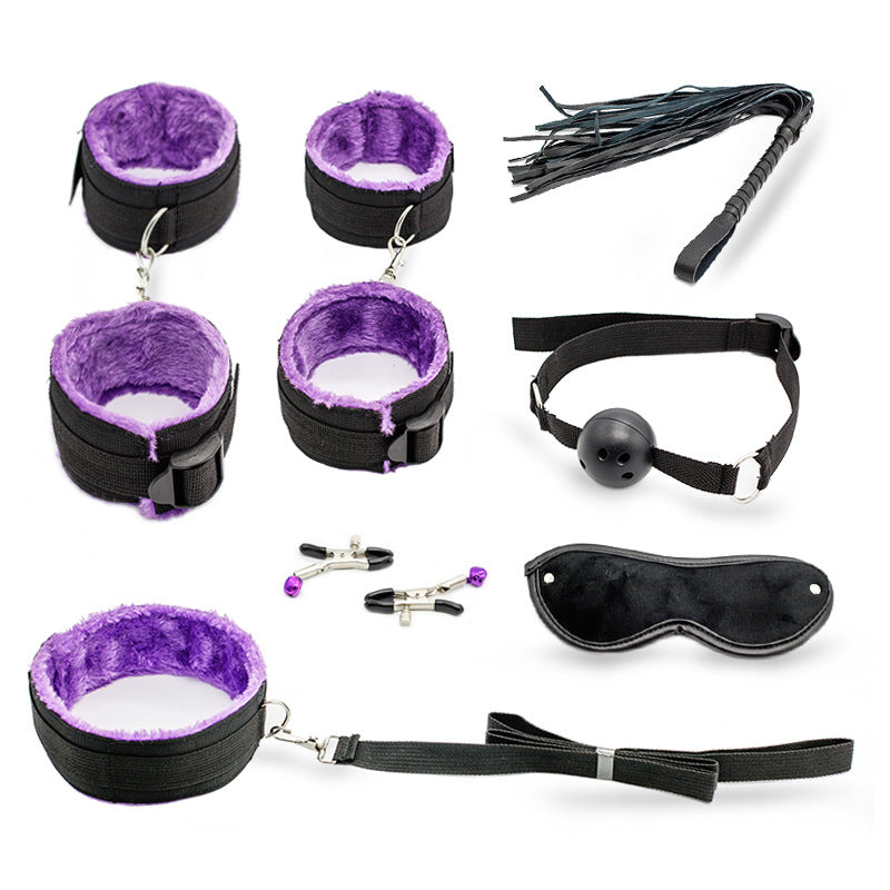 7 Pack / Set SM Tool BDSM Love Bondage Eye Mask Hand Cuff Restraints Straps Kit Black & Purple