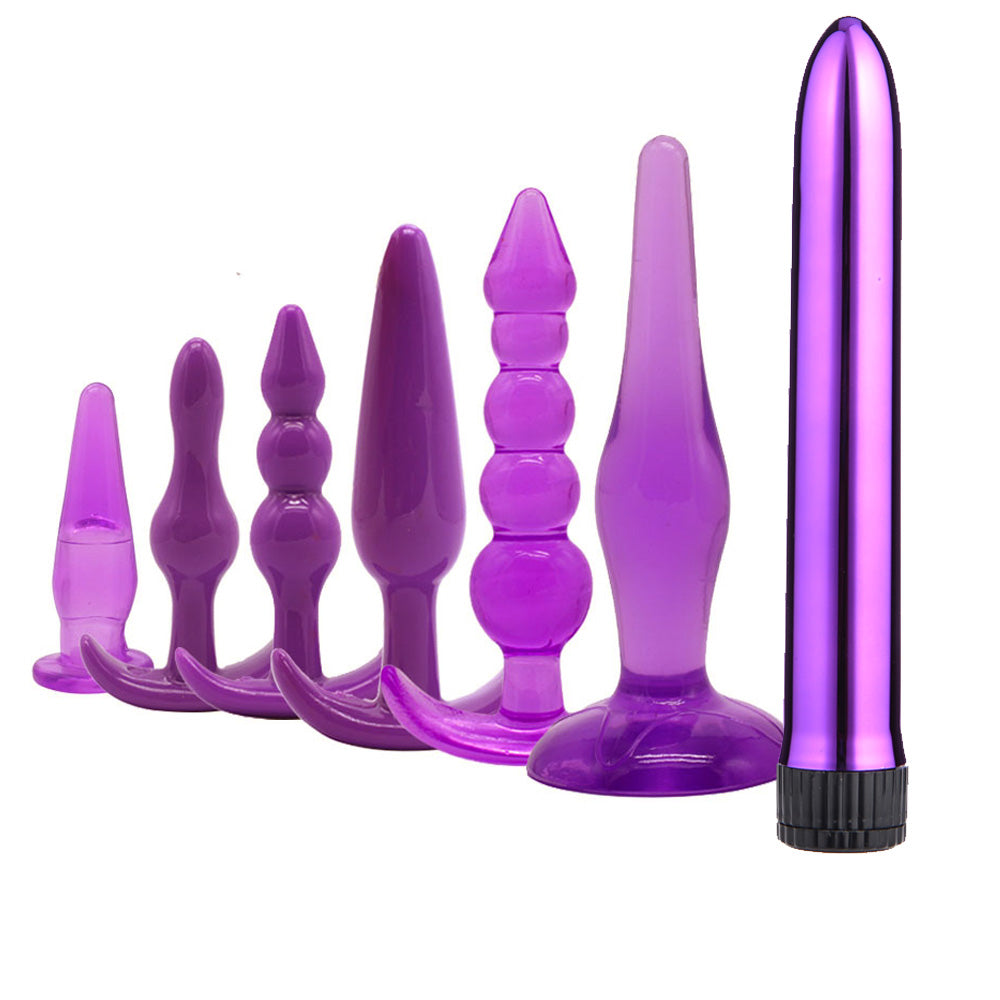 7 Pieces Multi-speed Massager Vibrator G-spot Dildo Anal Beads Butt Plug Sex Toys Purple