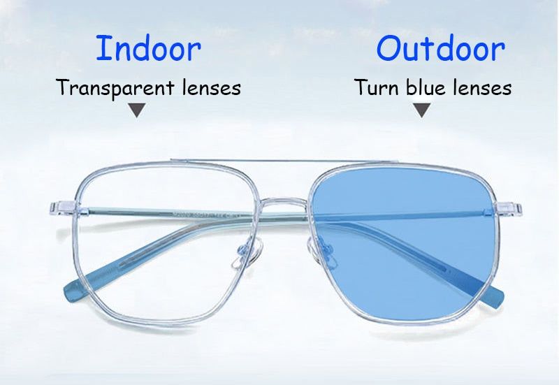 Double Beam Square Photochromic Myopia Glasses for Men Women Anti Blue Light UV Fashion Nearsighted Prescription Eyewear 0~-6.0