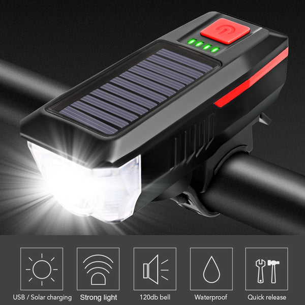 Solar Bike Light USB Rechargeable Double Charging Horn Lamp Waterproof Bicycle Headlight Bike Front Light Waterproof + Horn