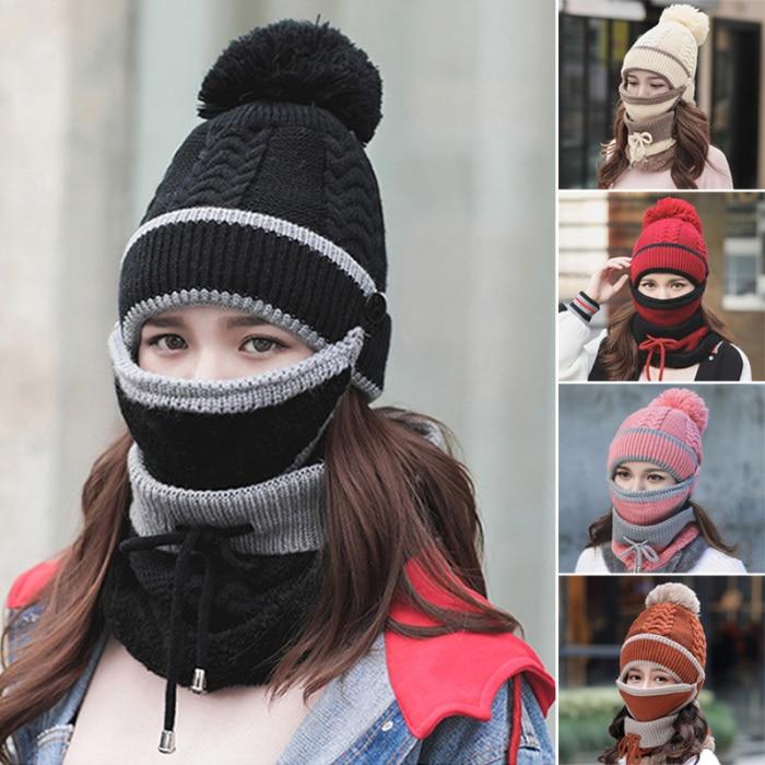 3 in 1 Winter Beanie Scarf Mask Set Warm Cap Hat Soft Knit for Women Outdoor