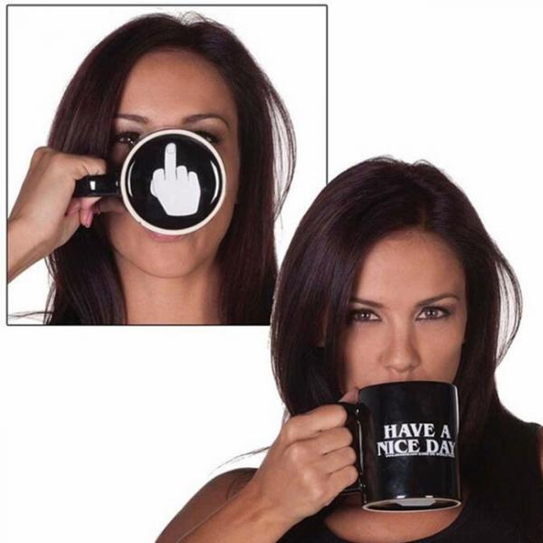 HAVE A NICE DAY & Middle Finger Pattern Ceramic Mug Coffee Cup Black