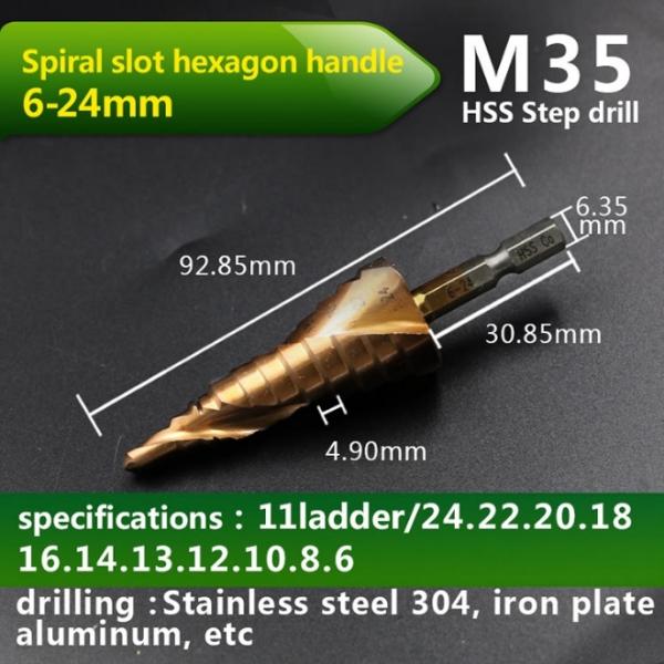 HSS-CO M35 Hexagonal Shank Spiral Groove Step Drill Bit Metal Cone Step Drill Bit Stainless Steel Hole Saw Hole Cutter & 6-24mm