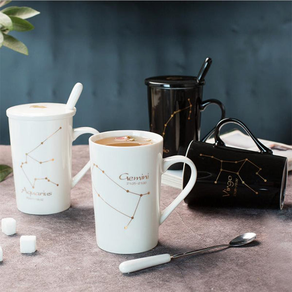 12 Constellations Creative Ceramic Mugs with Spoon Lid Black and Gold Porcelain Zodiac Milk Coffee Cup  Water Drinkware