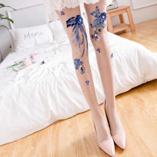 Hand-embroidered stockings Flower Style Cherry Blue Enchantress Pattern Anti-hook Silk Mask Stockings Panty Women Pantyhose