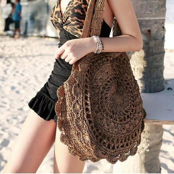 Handmade Bohemian Vintage Big Circle Paper Rope Straw Rattan Bag Handbags - stringsmall