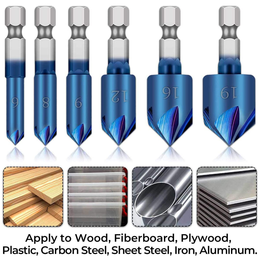6PCS/set Industrial Countersink Drill Bit 1/4" Hex Shank 90 Degree Wood Chamfering Cutter Blue Coated Chamfer Tool