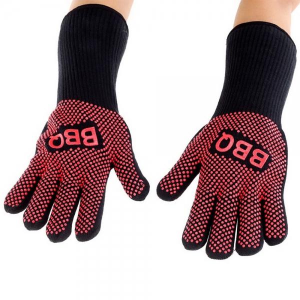 Heat-resistant BBQ Oven Gloves Washable Non-slip Oven Mitts Gloves for Cooking Baking Grilling Red & Black