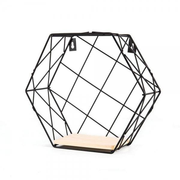 Hexagon Metal Grid Wall Hanging Shelf Storage Rack Holder Organizer Wall Home Decoration - Black