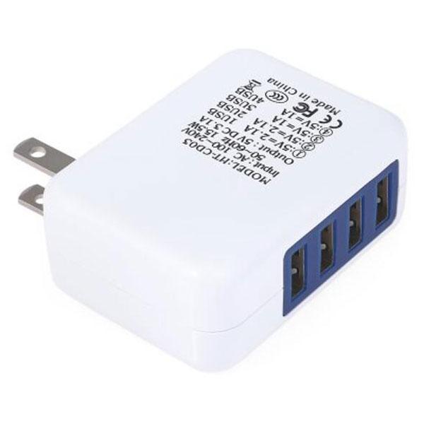 4 USB Ports Universal Charger AC Power Socket - US Plug, White & Blue