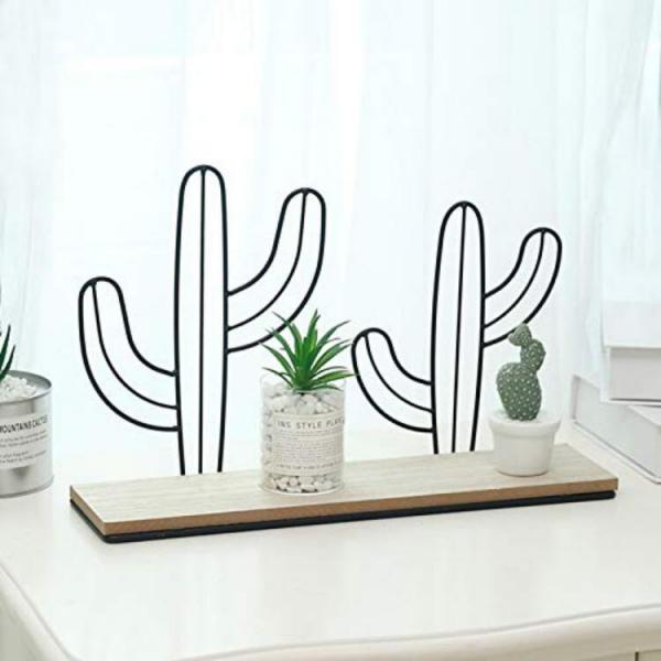 Iron Cactus Design Wall Hanging Shelf Storage Rack With Wooden Shelf - Black