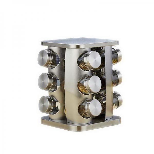 Kitchen Storage Jar Rack Stainless Steel 12-pc Canister Set with Turnable Holder for Seasoning Spice Pepper Salt