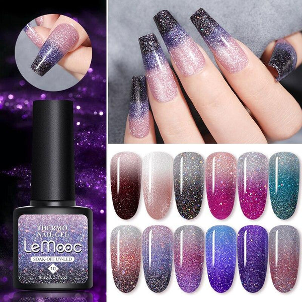 LEMOOC 8ml Thermal Glitter Gel Temperature Color-changing UV Gel Varnish Soak Off UV LED Gel Polish Nail Art Lacquers