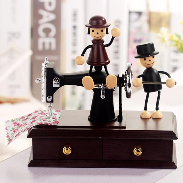 Lovely Doll Push Sewing Machine Clockwork Music Box Brown