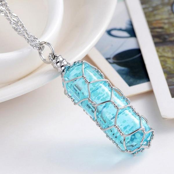 Luminous Glow-in-Dark Copper Wire Wrapped Crystal Stone Pendant Necklace Blue - stringsmall