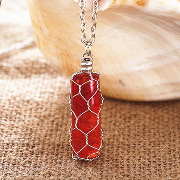 Luminous Glow-in-Dark Copper Wire Wrapped Crystal Stone Pendant Necklace Red