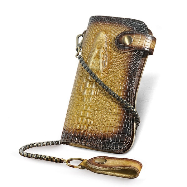 Male Cow Leather Crocodile Emboss Wallet with Iron Chain Anti-Theft Handbag