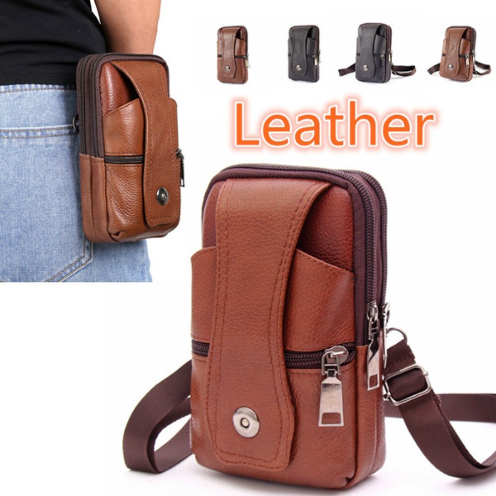 Men Cowhide Leather Waist Bag Large Capacity Belt Bag Brown Shoulder Bags Crossbody Bags Multi-layer Buckle Mobile Phone Bag Bum Pouch