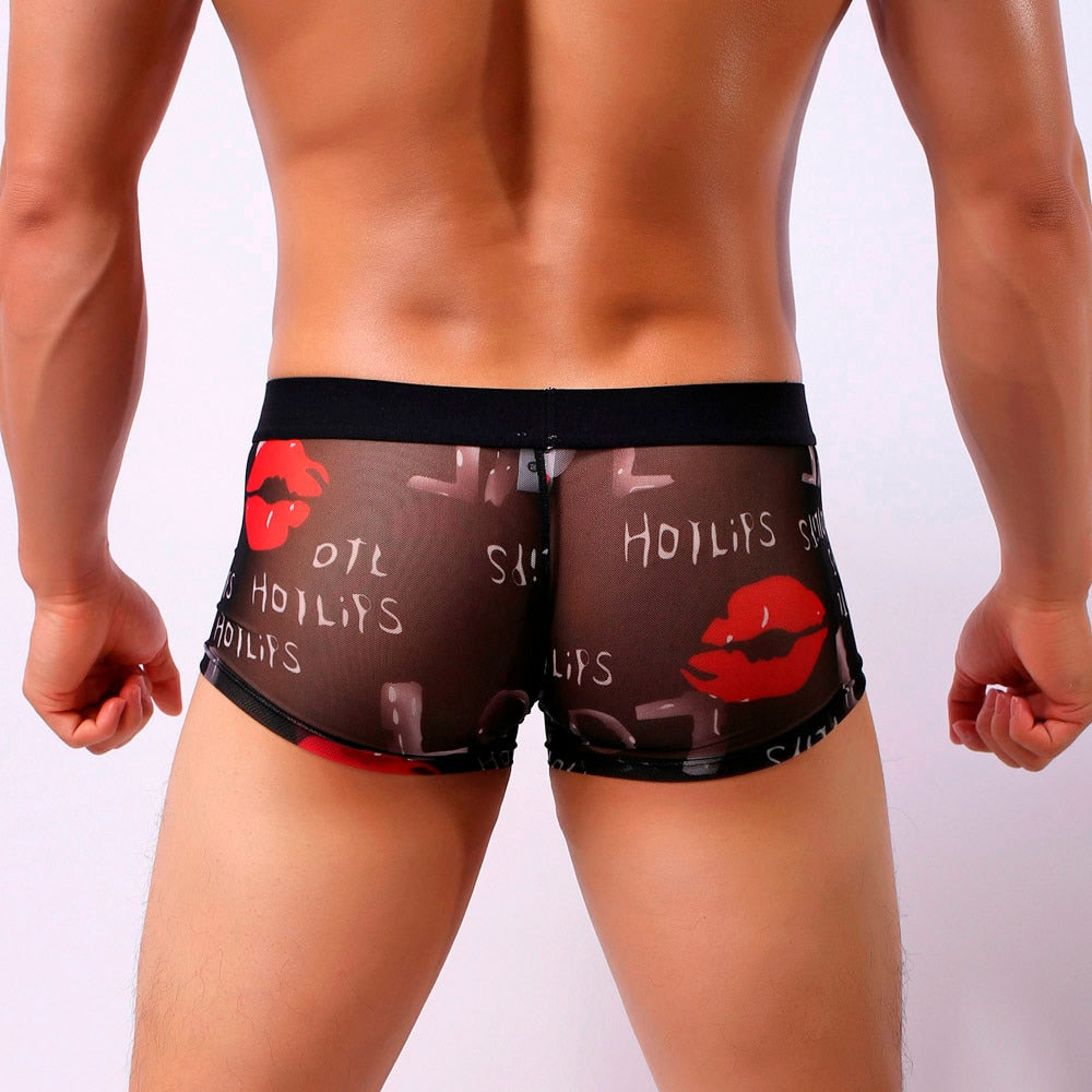 Mens Sexy lips Printed Underwear Transparent See Through Shorts Male Panties Underpants