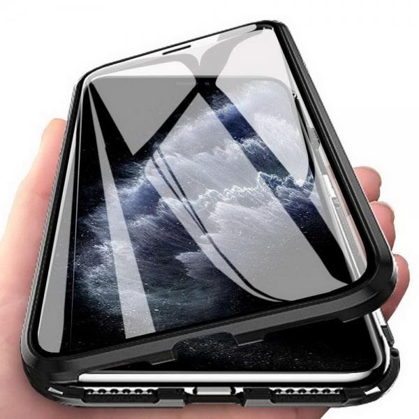 Metal Magnetic Case Double Side Phone Case Tempered Glass Magnet Case For iphone 11 Pro Max Transparent Black