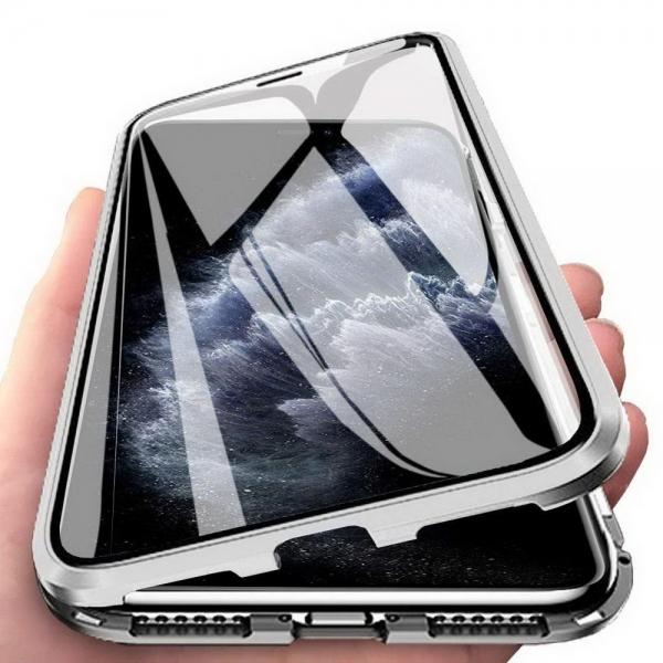 Metal Magnetic Case Double Side Phone Case Tempered Glass Magnet Case For iphone 11 Pro Max Transparent Silver
