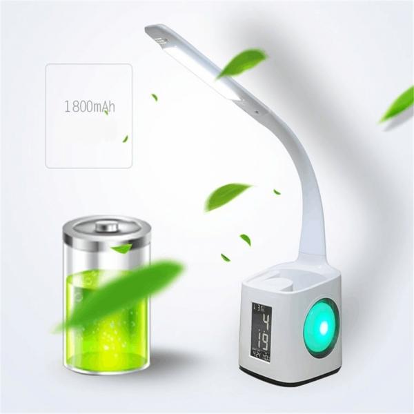 Modern Dimmable LED Desk Lamp with Pen Holder USB Port and LCD Screen with Calendar/ Alarm Clock/ Temperature 3 Level Brightness Touch Button Natural Light Standard Models White