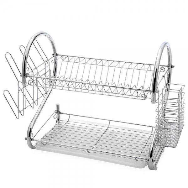 Kitchen Multi-functional Double Layers Metal Dish Organizer Silver M