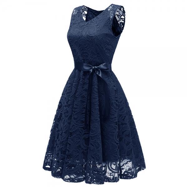 V-Neck Vintage Princess Floral Lace Dress Cocktail Party Dress - Navy/Wine Red (S-XXL) - stringsmall