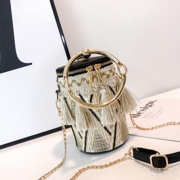 New Fashion Metal Ring Tassel Chain Straw Rattan Handbag Shoulder Bag Crossbody Bag - stringsmall