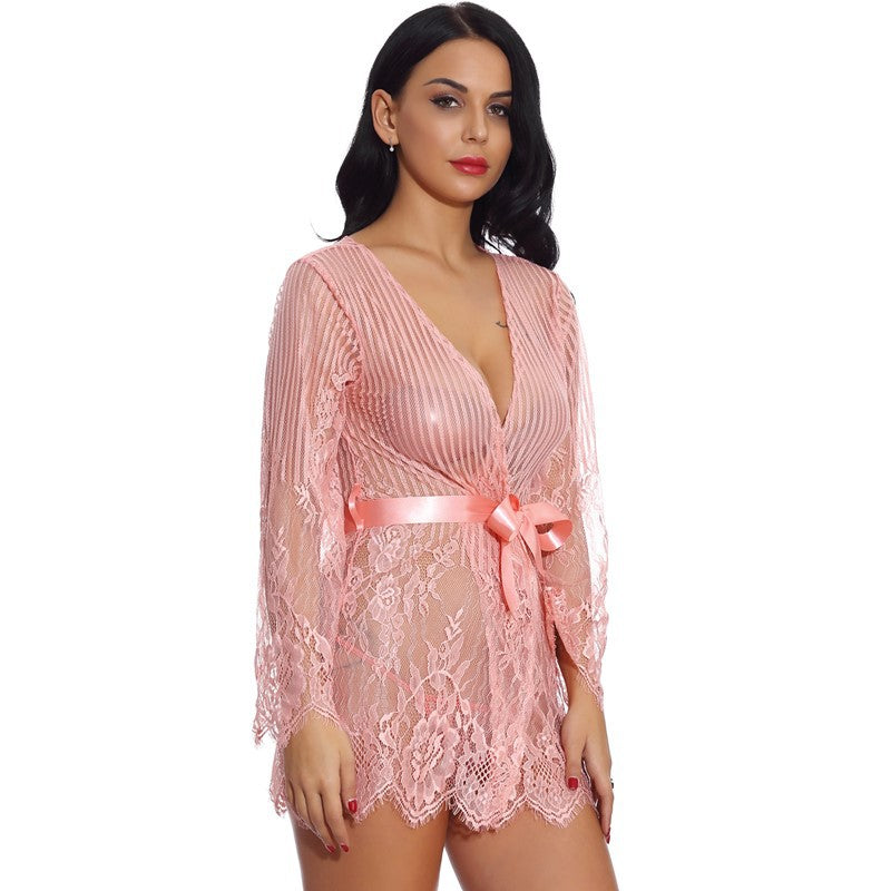 Spring Pajamas Women Sexy Lingerie Lace Exquisite Stripes Flower Splicing Belted Cardigan Perspective Short Dressing Gown