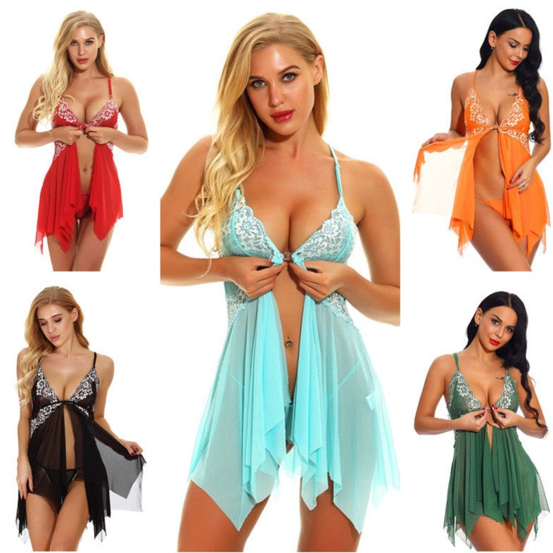 Women's Sexy Lingerie Front Closure Doll Lace Sling Nightdress V-Neck Mesh Pajamas,Light Green