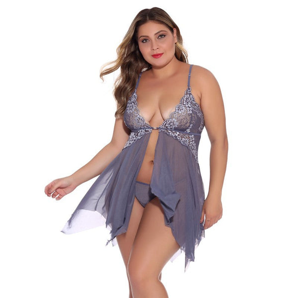 Women's Sexy Lingerie Front Closure Doll Lace Sling Nightdress V-Neck Mesh Pajamas,Grey