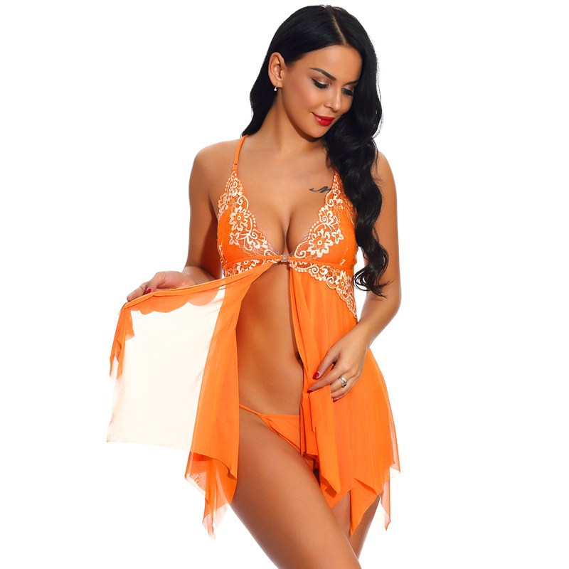 Women's Sexy Lingerie Front Closure Doll Lace Sling Nightdress V-Neck Mesh Pajamas,Orange