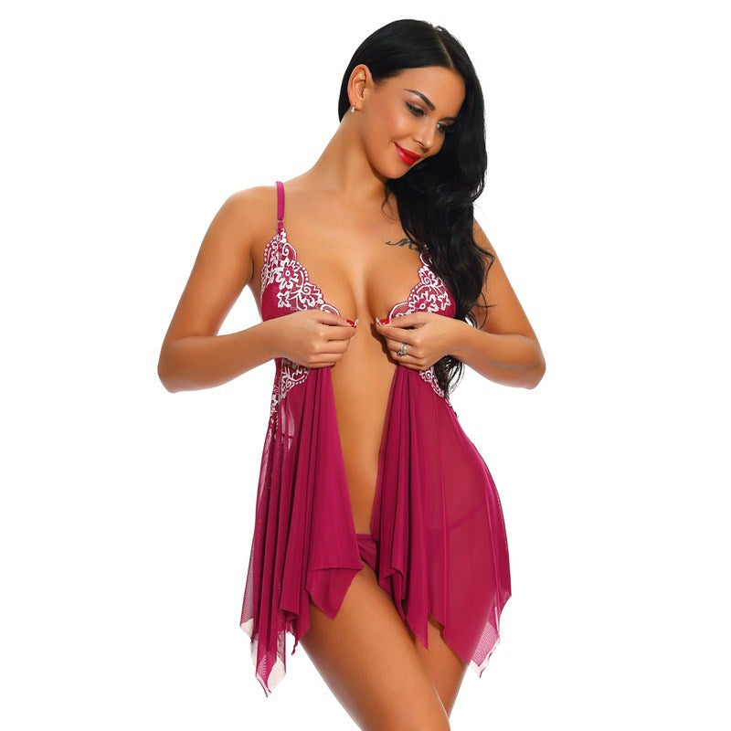Women's Sexy Lingerie Front Closure Doll Lace Sling Nightdress V-Neck Mesh Pajamas,Fuchsia