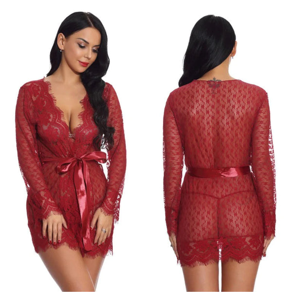 Erotic Lingerie Belt Eyelashes Lace Cardigan Nightgown Perspective Long-sleeved Spring and Summer Pajamas